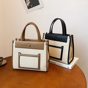 Contrast Color Canvas And PU Leather Tote Bag Large Capacity Handbag With Detachable Strap For Women Office Commuter