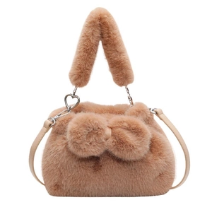 Brown fluffy faux fur rabbit-ear bucket bag with large plush bow and shoulder strap