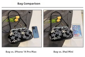 Comparaison de taille du sac coquille brodé marguerites avec iPhone et iPad mini
