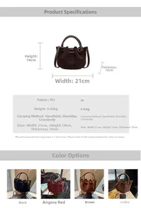 Detailed size chart and dimensions for the vintage matte PU leather bucket handbag