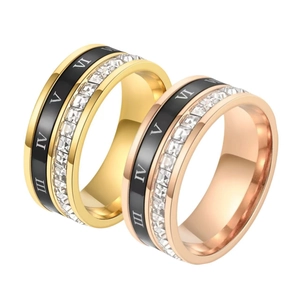 Bague en acier titane avec chiffres romains et cristaux carrés en or et or rose