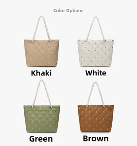 Quilted tote bags with embroidery details in khaki, white, sage green, and brown colors