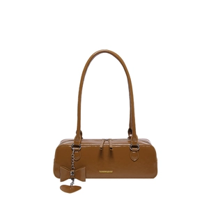 Brown faux leather baguette bag with dual shoulder straps and a heart bow charm