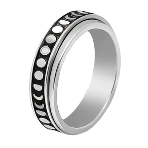 Stainless steel spinner ring featuring a celestial moon phase design on a black band