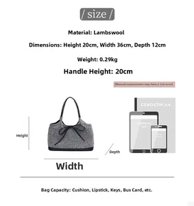 Size chart and capacity details of the leopard plush handbag with digital device comparison