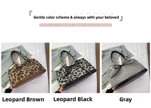 Three plush leopard print and grey tote bags with leather handles and bow details