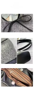 Detail of grey knitted fabric texture with black leather trim and metal magnetic closure
