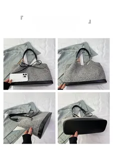 Detailed views showing the grey tweed tote bag with black leather handles and bow accent