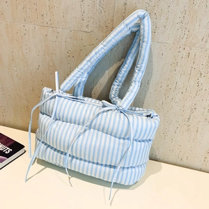 Sac Cabas Matelassé À Rayures Femme Sac À Main En Nylon Avec Noeud Grande Capacité Sac À Épaule Fourre-tout Chic