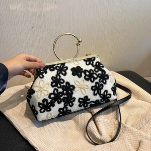 Sac À Cadre Broderie Florale Vintage Avec Poignée Ronde En Métal Pour Femme Sac À Bandoulière Banquet