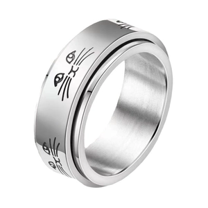 Bague rotative en acier inoxydable avec visages de chats gravés sur anneau brossé argent