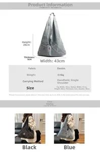 Tableau des tailles et photos de style de vie du grand sac fourre-tout en denim délavé
