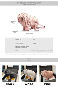 Detailed size specifications and color options for the creative puppy fringe crossbody bag