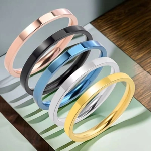 Detailed set of five 10mm wide stainless steel rings in varied metallic plating finishes