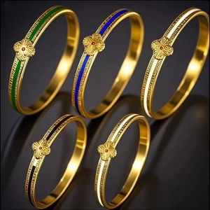 Bracelet Jonc Fleur Trèfle Acier Inoxydable Plaqué Or 18K Émail Coloré Motif Radial Bijoux Élégants Pour Femmes
