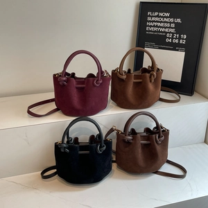 Retro matte suede bucket bags in burgundy, camel, black, and dark coffee for women