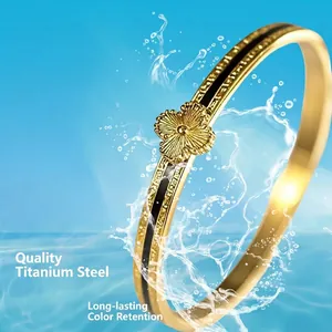 Waterproof 18K gold plated clover bangle in titanium steel with Roman numerals