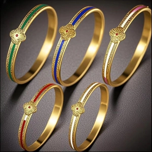 Four Leaf Clover Stainless Steel Bangle 18K Gold Plated Enamel Roman Numeral Elegant Fashion Jewelry For Women