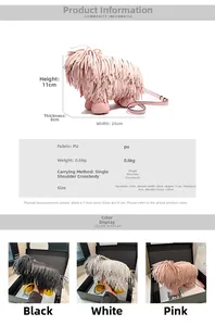 Detailed size chart and multi-color options for the dog-shaped tassel crossbody bag