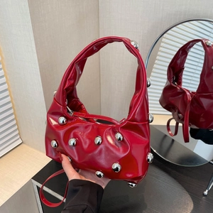 Women Underarm Shoulder Bag PU Leather High Gloss With Silver Metal Ball Studs Rivet Hobo Crossbody Handbag Niche Punk Style