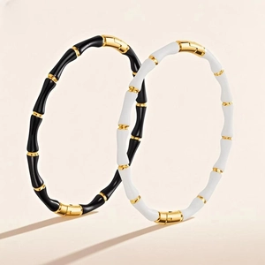 Fashion Stainless Steel Bamboo Joint Bangle For Women Gold Plated Black White Enamel Drip Open C-Shaped Bracelet Jewelry