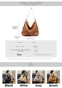 Detailed size specifications for large PU leather hobo bag with model wearing display