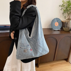 Grand sac cabas en jean délavé bleu clair au style bohème décontracté pour femme