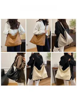 Detailed views of high-capacity soft pebble leather tote bags in multiple colors