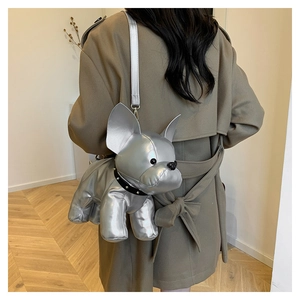French Bulldog crossbody bag in metallic silver finish with golden rivet collar detail