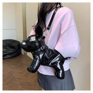 Detail of creative black French bulldog shaped bag with glossy finish and metal collar stud