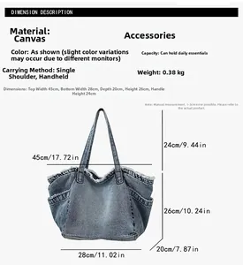 Detailed size chart of the blue denim canvas tote bag with precise measurements