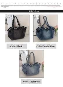Detailed comparison of denim tote bags in black and blue with fringe trim and outer pockets
