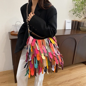 Bohemian style colorful fringe hobo bag with adjustable brown leather strap