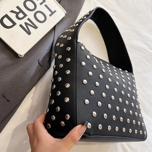 Retro black leather motorcycle bag with silver rivets and litchi texture top handle