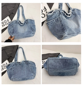 Detailed views of washed denim tote bag showing frayed edges and large side pockets