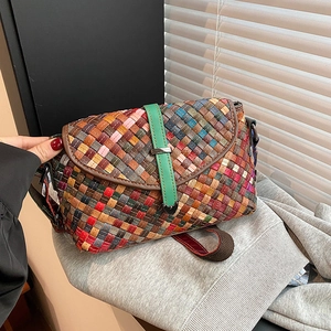 Sac Bandoulière En Cuir PU Tissé Coloré Rétro Bohème Patchwork Multicolore Sac À Épaule À Rabat Femmes Design Urbain