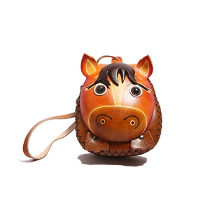 Cute handmade leather horse coin purse in brown with a wrist strap and metal ring
