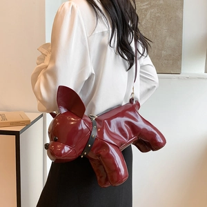 Unique burgundy faux leather French bulldog shaped crossbody bag with studded collar