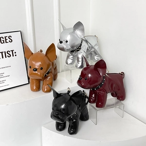 Cute bulldog shaped crossbody bags in glossy leather with metallic collar and chain straps