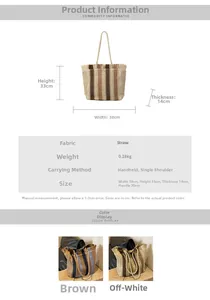 Detailed size specifications and material info for woven straw tote bag with tassels