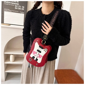 Creative guitar-shaped crossbody bag in red matte finish with stylish star rivets detail
