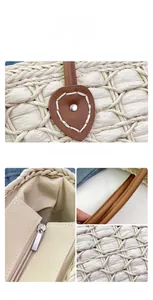 Detail of hand-woven straw bag showing mesh craft, leather handle and smooth zipper