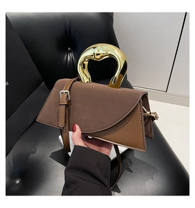 Detail of the golden fluid-shaped metal handle on the brown colorblock crossbody bag