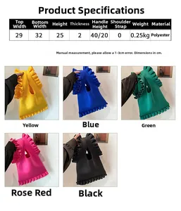 Detailed size specifications for a pleated polyester shoulder bag with ruffle accents