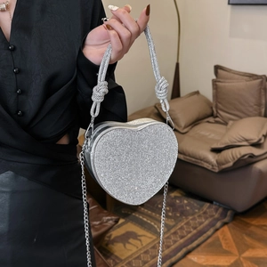 Heart Shaped Evening Bag Rhinestone Sparkling Crossbody Handbag With Knot Handle And Metal Chain For Party Wedding Women