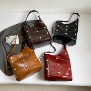 Chic rivet studded hobo shoulder bags in multiple colors with sleek leather finish