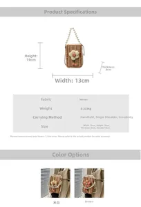 Size diagram and specifications for woven mini bag with 3D flower and pearl handle
