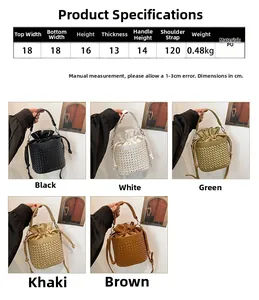 Size chart showing PU leather woven bucket bag dimensions and five color options