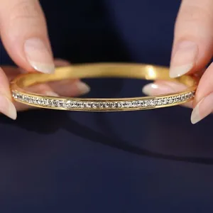 Stainless Steel Rhinestone Hinged Bangle Bracelet Women Waterproof Non Fading Square Zirconia Luxury Minimalist