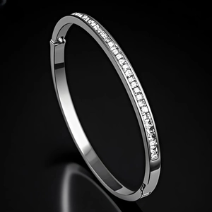 Modern Stainless Steel Rhinestone Bangle For Women Elegant Single Row Crystal Oval Hinge Clasp Cuff Bracelet Fashion Jewelry Gift